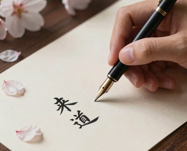 Close-up photography of a hand using a traditional fountain pen to write elegant kanji on thick, cream-colored paper. Beside the paper lies a few fallen cherry blossom petals on a dark wooden surface.