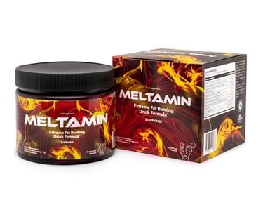 Meltamin extreme fat burning drink formula supplement jar and packaging box with cactus fruit flavor.