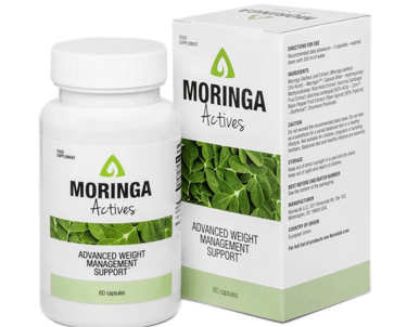 Bottle and box of Moringa Actives advanced weight management support capsules for dietary supplement use.