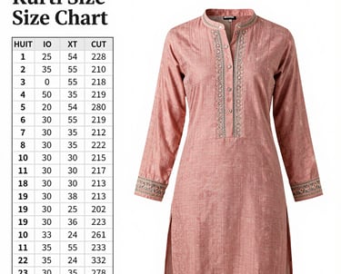 A vibrant display of diverse kurtis arranged with measuring tape highlighting bust, waist, and length dimensions.