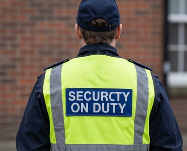 A vigilant SIA-licensed security officer standing alert outside a commercial building in the UK.