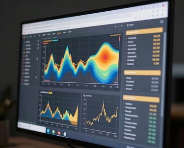 A sleek digital screen displaying advanced financial data analytics and heat maps in a dark room. The interface is clean and modern, with slate gray and gold highlights. Sophisticated technology photography.