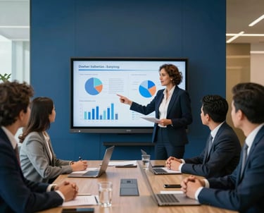 An elegant business meeting in a high-rise office. A professional person is presenting a data chart on a screen. Oxford Blue and gold interior. North American / Hispanic professionals.