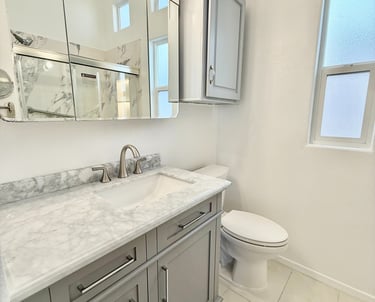 Modern bathroom renovation featuring a grey vanity with marble countertop, mirrored medicine cabinet, and white toilet