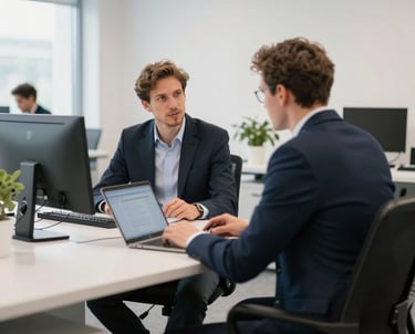 Elegant modern office with blue and gold accents symbolizing trust and growth.