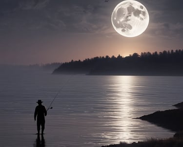 A close-up shot of hands carefully shaping a custom fishing rod alongside a selection of colorful fishing baits on a wooden workbench.