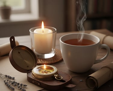 Bussola sopra scrivania con candela e tazza di tè