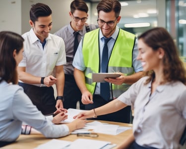 Team member writing detailed procedures on a whiteboard in a bright office.