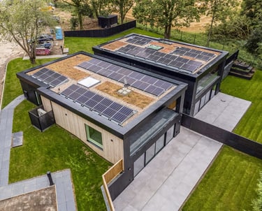 Aerial view of modern eco-friendly homes with solar panels and green roofs on a lush landscape.