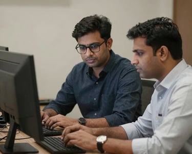 A team of IT professionals collaborating over laptops in a modern office.