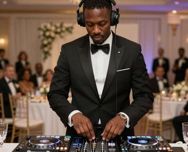 A lively DJ spinning tracks at a vibrant party with colorful lights.