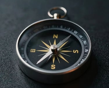 An elegant compass with gold accents pointing forward against a dark background.