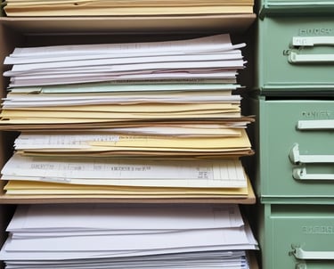 Close-up of hands organizing color-coded financial documents on a wooden desk.