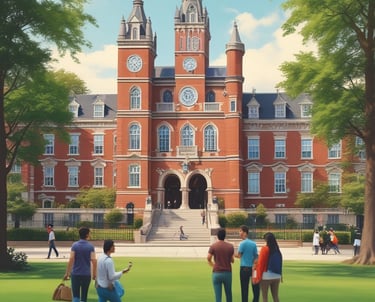 Students touring a vibrant college campus with modern facilities.