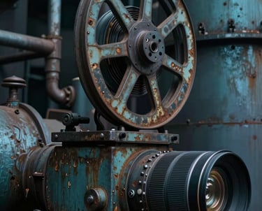 A cinematic photograph of an industrial North American set showing intricate weathering and metallic textures. Dark teal lighting adds an artistic, moody feel.