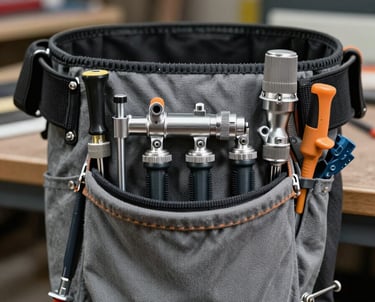 A detailed shot of a specialized tool belt and industrial painting equipment sitting on a set, representing the technical side of the scenic arts. Palette includes silver-grey and dark charcoal.