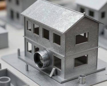 A close-up shot of a complex set model built with silver-grey materials, showing the detailed planning involved in production design.