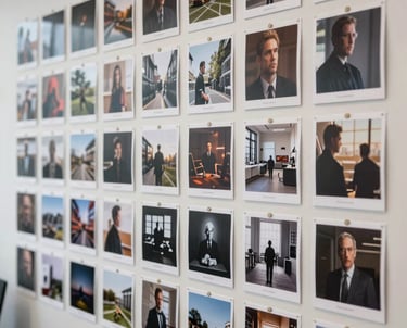 A shot of a high-end North American art department office, with wall-to-wall moodboards and reference images for a cinematic production. Clean, organized, and artistic.