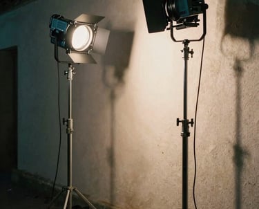 A photograph of a film set at night, with professional lighting rigs casting long shadows over a textured exterior wall. The mood is artistic and experienced.