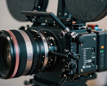 A close-up photograph of a professional film camera focused on a detailed set element, showing the clarity and texture achieved by the art department. Dark teal and silver palette.