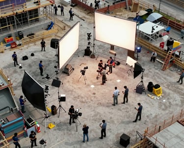 An aerial view of an organized construction department within a large North American film studio, showing multiple sets in various stages of completion. Professional and industrious mood.