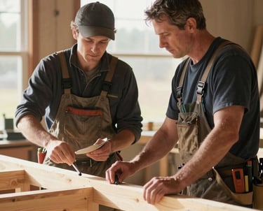 A professional shot of a lead carpenter and a scenic artist collaborating over a wooden structure in a sunlit North American workshop. The atmosphere is one of mutual respect and expert craftsmanship.