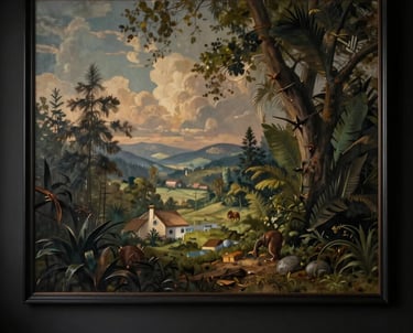 A professional photography shot of a finished set interior, showcasing a dark, atmospheric room with high-quality scenic painting.