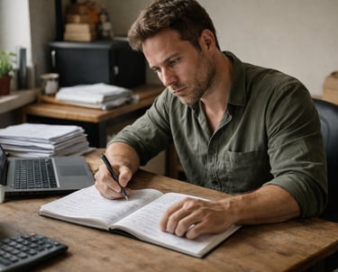 a man sitting at a desk with a laptop and a notebook