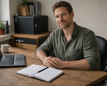 a man sitting at a desk with a notebook and notebook