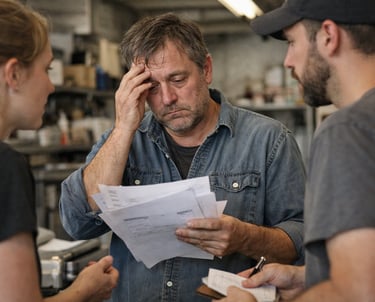 a man and woman in a kitchen with papers