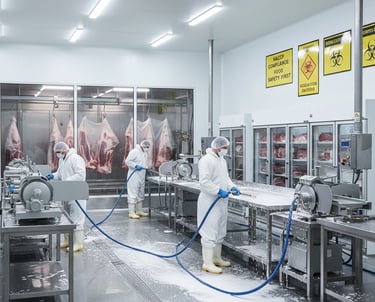 Super Sanitation staff performing HACCP‑compliant cleaning in Fraser Valley Meat plant