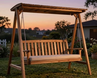 A cozy garden swing set with soft cushions, perfect for relaxing afternoons.