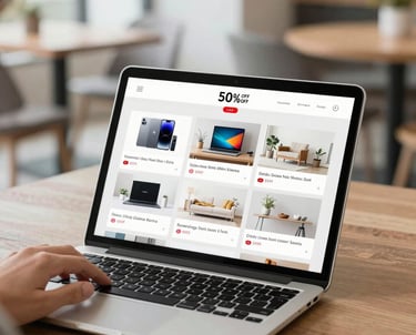 A cheerful person holding a smartphone showing a daily deal notification with shopping bags around.