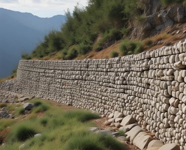 Close-up of sturdy gabion walls blending with natural Patagonian landscapes under a cloudy sky.