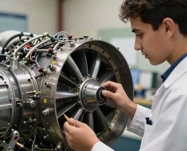 Close-up photography of an East African / Kenyan aviation engineer and a student examining a complex jet engine component. Professional lighting emphasizing the metal textures.
