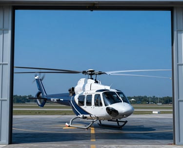 A professional architectural photograph through a hangar doorway at Wilson Airport, showing a rotary-wing helicopter positioned for takeoff on the pad. Deep blue tones.