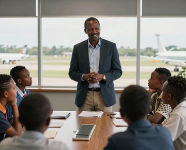 An East African / Kenyan male mentor in professional attire speaking warmly to a group of attentive young students in a boardroom overlooking an airfield.