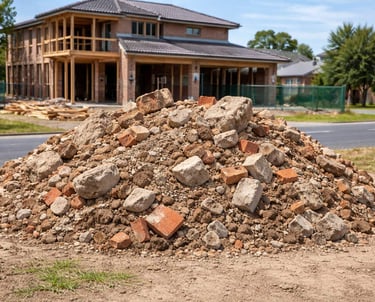 pile of dirt, bricks, concrete, rocks on a block of land in a suburban street with a house being built in the background