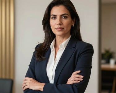 Portrait of a female South American financial analyst in a premium corporate setting, looking professional and capable. Minimalist background with golden accents in the decor.