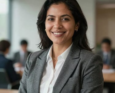Portrait of a South American female professional in business attire, smiling warmly in a sophisticated corporate environment. Natural light creates a trustworthy and approachable feel.