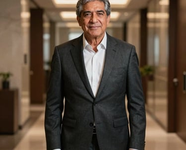 Portrait of a South American male senior executive in a dark charcoal suit, standing confidently in a luxury office corridor. Warm lighting highlights professional elegance and experience.