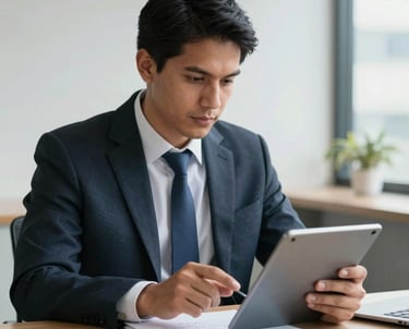 Portrait of a male professional accountant in a South American business setting, reviewing documents on a tablet. The composition is clean and emphasizes modern financial expertise.