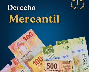 Un puñado de billetes apilados con el texto "Derecho Mercantil" y a un costado el logo