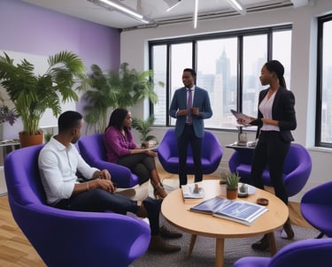 a group of people sitting around a table with a man in a suit and tie