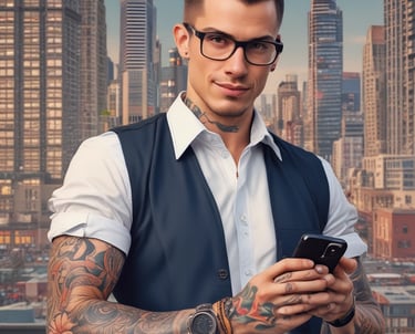 A confident tradie speaking on a phone with a digital interface overlay showing AI call management.