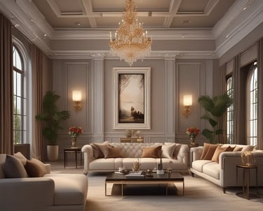 A luxurious glam chic living room with blue and gold accents, featuring elegant furniture and tasteful decor.