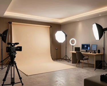 Elegant studio interior with warm gold accents, minimalist white walls, and cinematic lighting highlighting a versatile creative setup.