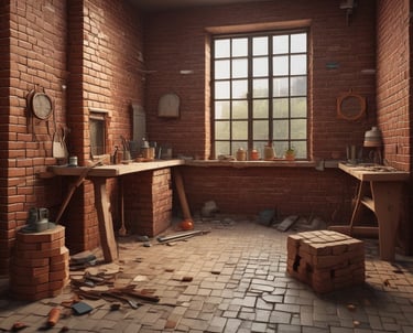 A skilled mason carefully laying bricks on a residential wall under warm natural light.