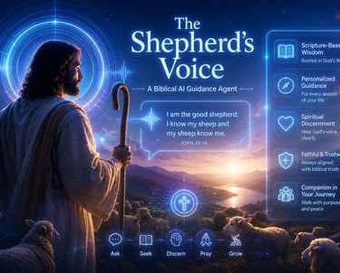 Jesus as the Good Shepherd with sheep and a digital interface for The Shepherd's Voice Biblical AI guidance agent.