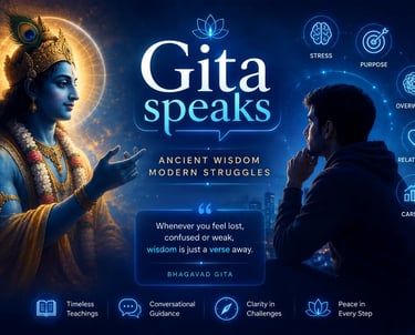 Lord Krishna offering ancient Bhagavad Gita wisdom to a young man facing modern life struggles like stress and career.